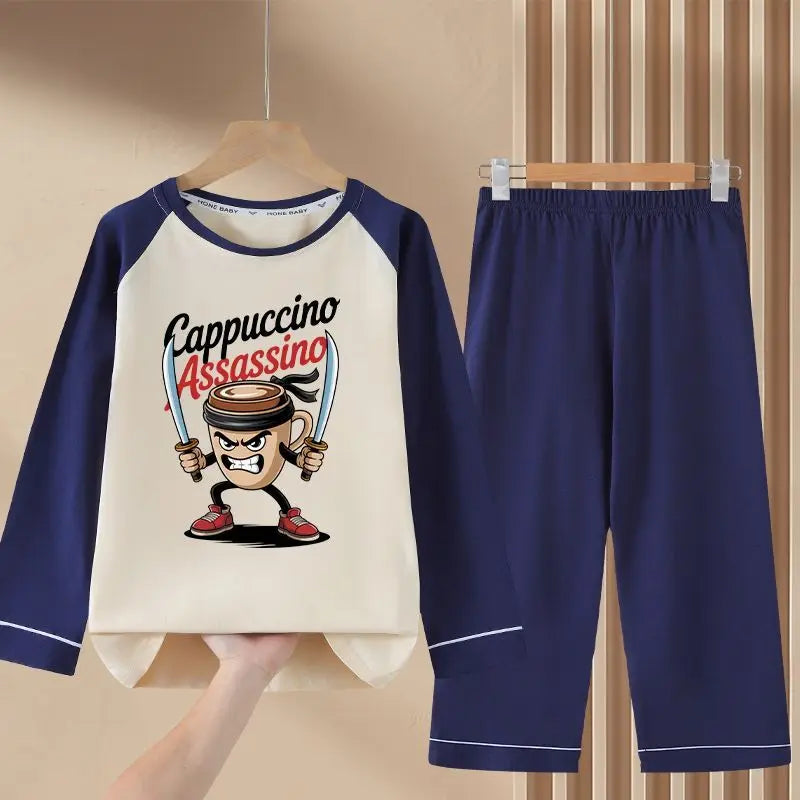 Italian Brainrot Kids Pajamas for Boys Girls Home Wear Tungtung Sahur Kids Casual Sleepwear Long Sleeve Pajamas Bottoms Suit