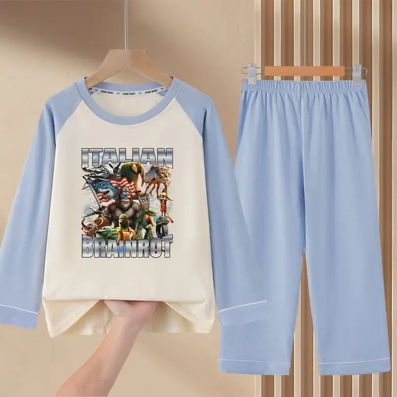 Italian Brainrot Kids Pajamas for Boys Girls Home Wear Tungtung Sahur Kids Casual Sleepwear Long Sleeve Pajamas Bottoms Suit