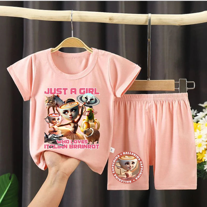 Italian Brainrot Girls Pajamas Ballerina Capuccina Printed Short Sleeve Sleepwear Kawaii Loungewear Summer Children Clothing