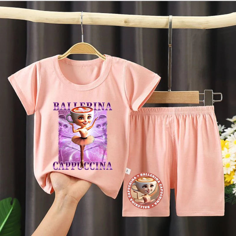 Italian Brainrot Girls Pajamas Ballerina Capuccina Printed Short Sleeve Sleepwear Kawaii Loungewear Summer Children Clothing