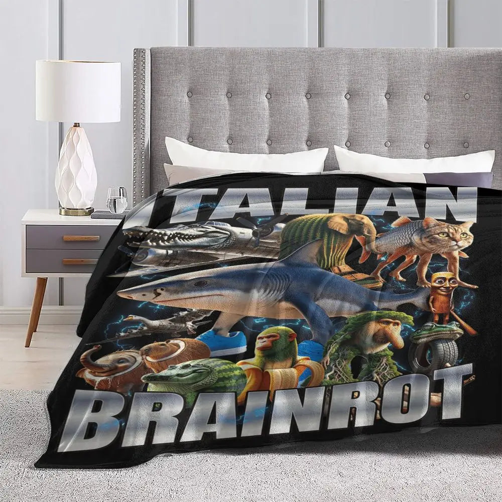 Soft Warm Blanket Travel Italian Brainrot Tralalero Tralala Tung Tung Tung Sahur Bombardiro Crocodilo Bedding Throws Flannel