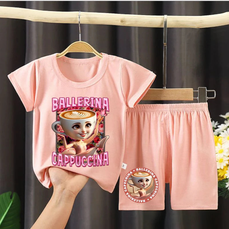 Italian Brainrot Girls Pajamas Ballerina Capuccina Printed Short Sleeve Sleepwear Kawaii Loungewear Summer Children Clothing