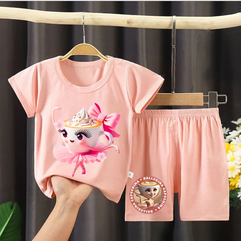 Italian Brainrot Girls Pajamas Ballerina Capuccina Printed Short Sleeve Sleepwear Kawaii Loungewear Summer Children Clothing