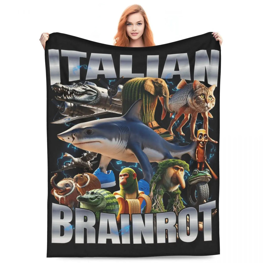 Soft Warm Blanket Travel Italian Brainrot Tralalero Tralala Tung Tung Tung Sahur Bombardiro Crocodilo Bedding Throws Flannel