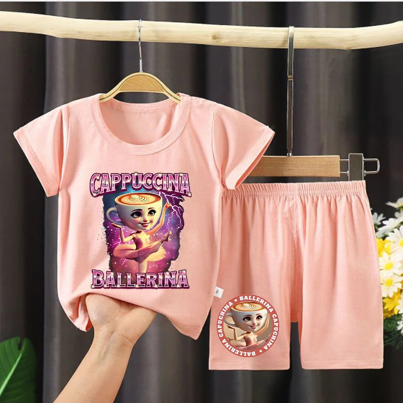 Italian Brainrot Girls Pajamas Ballerina Capuccina Printed Short Sleeve Sleepwear Kawaii Loungewear Summer Children Clothing