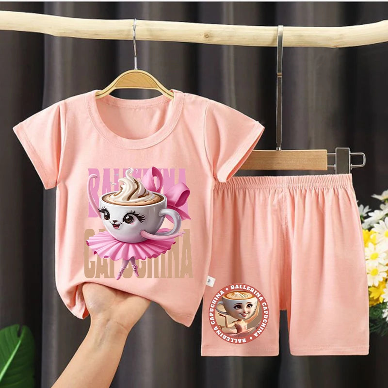 Italian Brainrot Girls Pajamas Ballerina Capuccina Printed Short Sleeve Sleepwear Kawaii Loungewear Summer Children Clothing