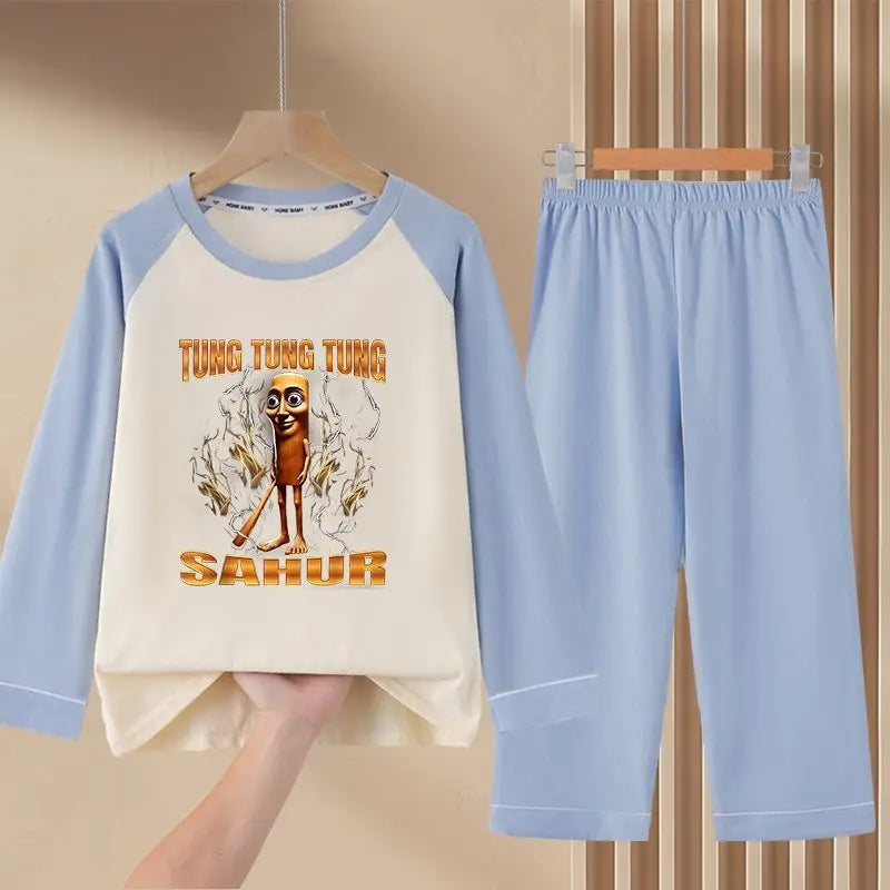 Italian Brainrot Kids Pajamas for Boys Girls Home Wear Tungtung Sahur Kids Casual Sleepwear Long Sleeve Pajamas Bottoms Suit
