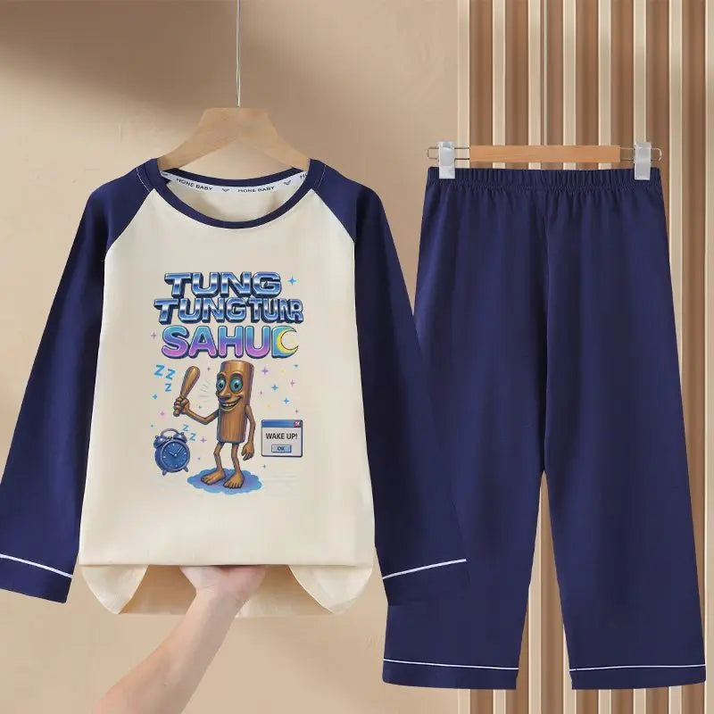 Italian Brainrot Kids Pajamas for Boys Girls Home Wear Tungtung Sahur Kids Casual Sleepwear Long Sleeve Pajamas Bottoms Suit