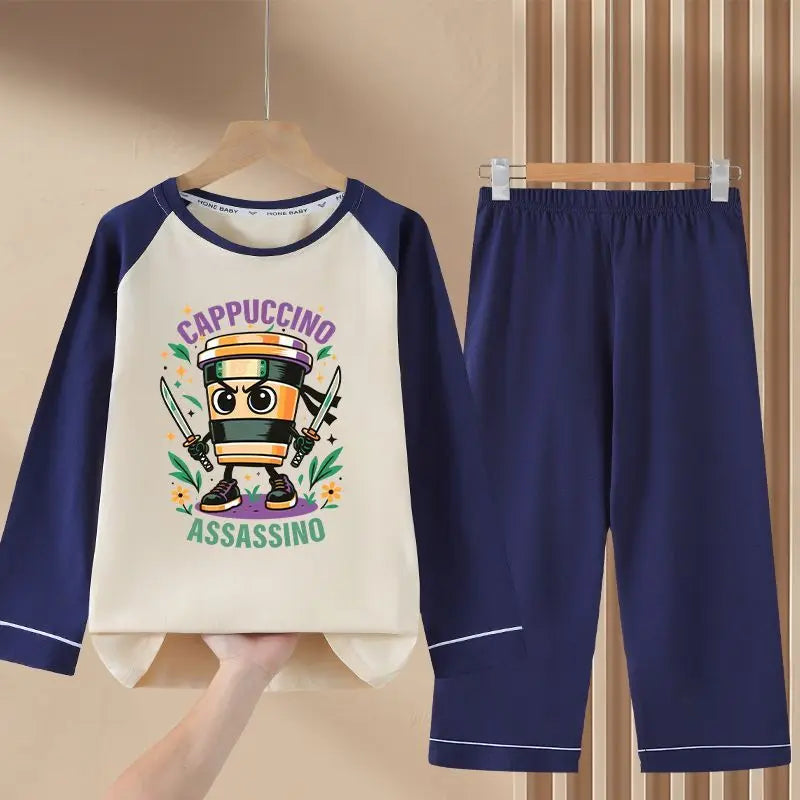 Italian Brainrot Kids Pajamas for Boys Girls Home Wear Tungtung Sahur Kids Casual Sleepwear Long Sleeve Pajamas Bottoms Suit