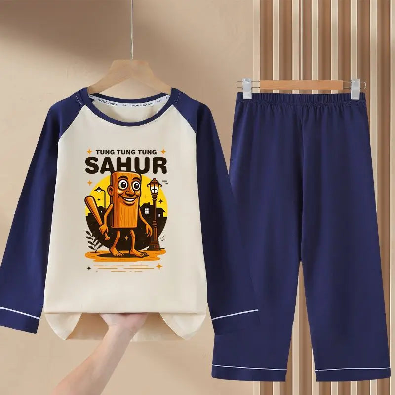 Italian Brainrot Kids Pajamas for Boys Girls Home Wear Tungtung Sahur Kids Casual Sleepwear Long Sleeve Pajamas Bottoms Suit