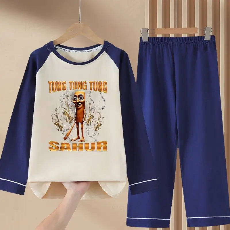 Italian Brainrot Kids Pajamas for Boys Girls Home Wear Tungtung Sahur Kids Casual Sleepwear Long Sleeve Pajamas Bottoms Suit